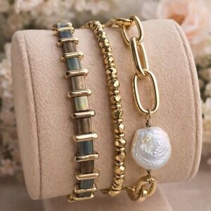 Set Of 3 Spartina 449 Bracelets 18k Matte Gold Plate Tila Fresh WaterPearl Coin